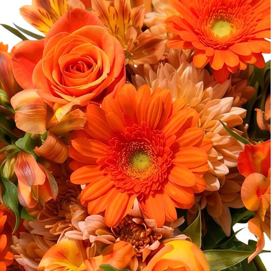 Bouquet of orange and peach flowers with green leaves