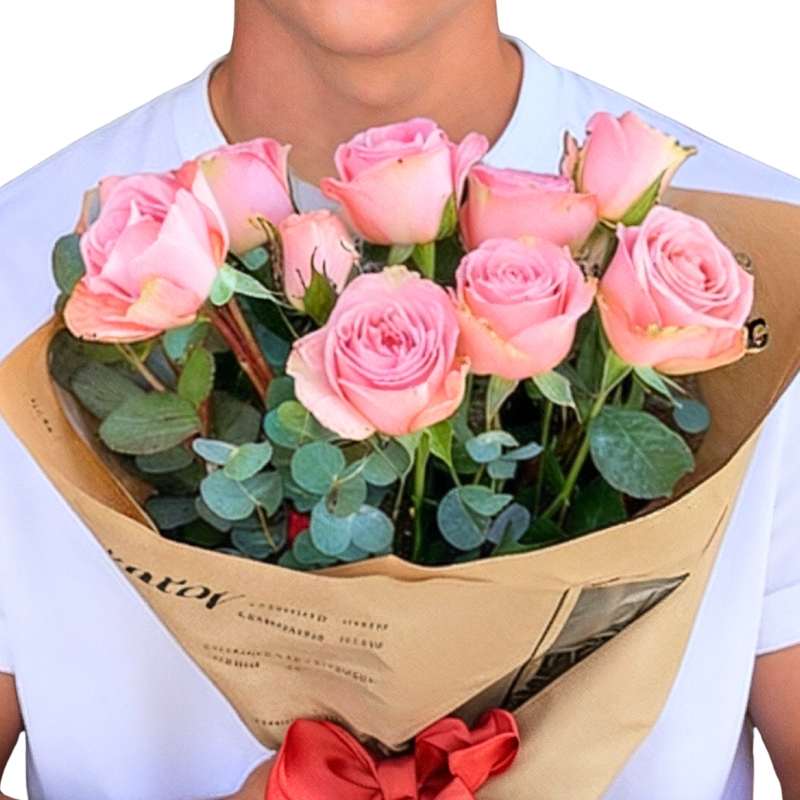 Charming Blooms Rose Bouquet close-up—pink roses and greenery in kraft wrap, gift-ready | Flower Guy