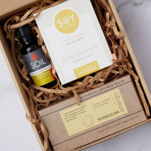 Close-up of Citronella & Gratitude Set with citronella oil, soy candle, and botanical wax melts, nestled in decorative packaging.