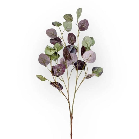A single stem of Eucalyptus Green Burgundy artificial foliage with detailed green and burgundy leaves, showcasing its natural and elegant look against a white background.