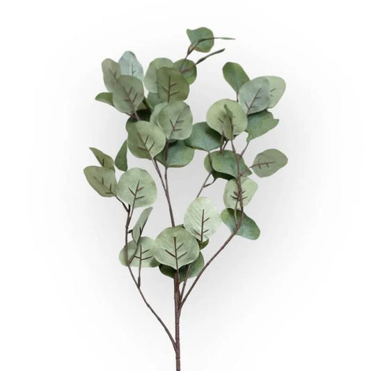 A single stem of Eucalyptus Grey Green artificial foliage with lifelike round leaves, showcasing the realistic texture and calming green-grey colour.