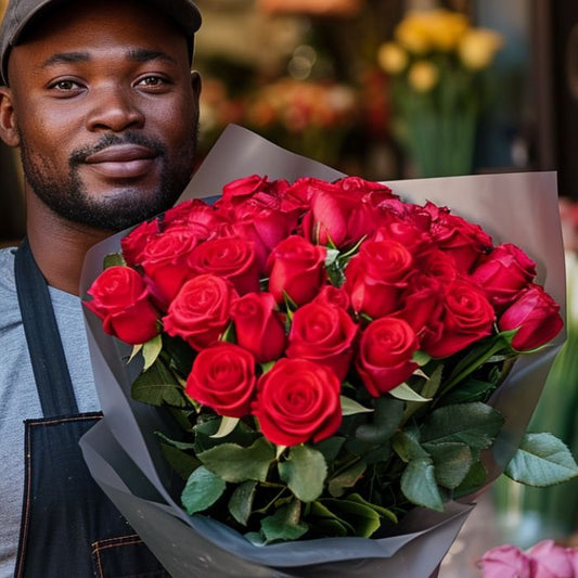Fifty Red! - A Romantic Gesture with Lush Red Roses and Delicate Foliage by Flower Guy.