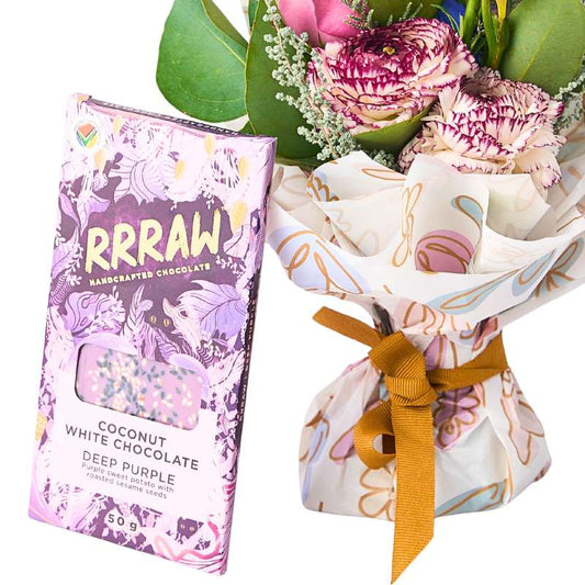 Floral Fantasy Posy gift set—close-up of bouquet with vegan chocolate treat and wrapping details | Flower Guy