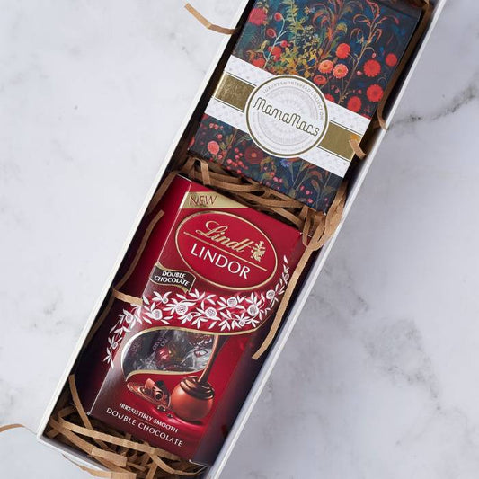 Close-up on Chocolate & Shortbread Duo gift box featuring Lindt Double Chocolate Truffles and MamaMac’s Luxury Shortbread by Flower Guy