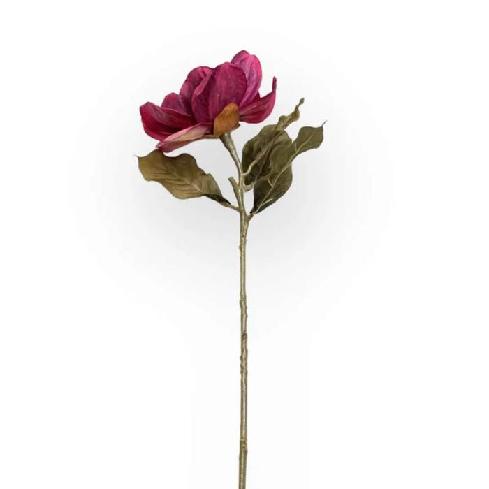 Single stem of Magnolia Burgundy Artificial Flower with a deep burgundy bloom and green leaves