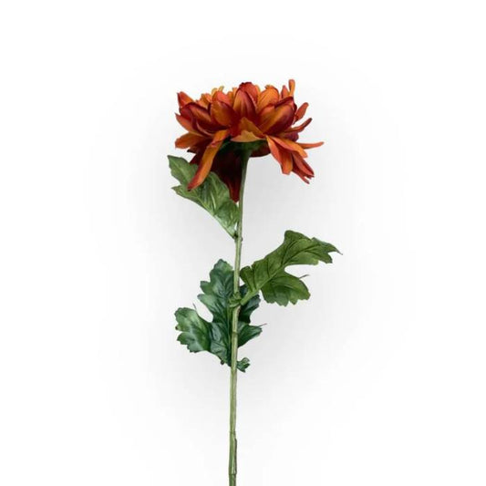 Single stem of Mum Single Rust Artificial Flower with a vibrant rust-coloured bloom and green leaves.