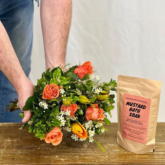 Orange Roses and Lilies Aesthetic Flower Bouquet with Mustard Bath Soak - Flower Guy