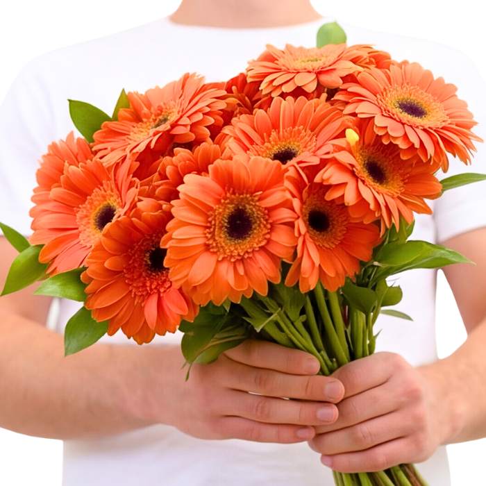 Orangina Blossom Gerbera Bouquet close-up—bright orange gerberas in a full hand-tied bunch, gift-ready | Flower Guy