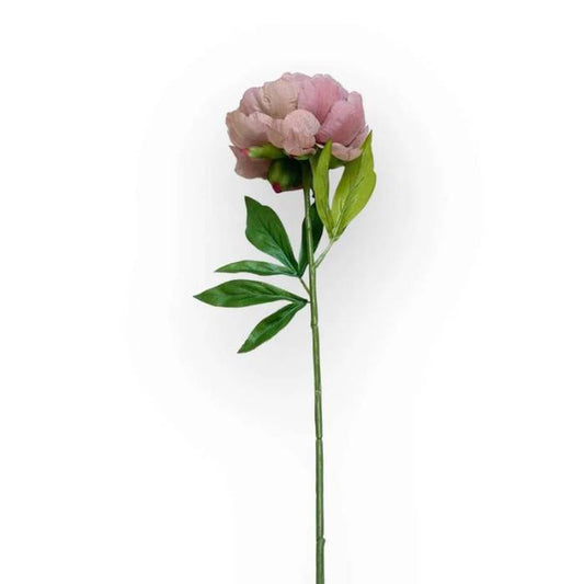 Single stem of Peony Mauve Artificial Flower with soft mauve petals and vibrant green leaves.