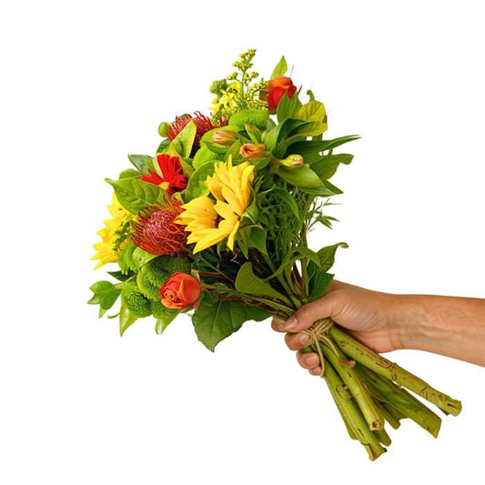 Ray of Sunshine Bouquet close-up—sunflowers with orange and red blooms, hand-tied and gift-ready | Flower Guy