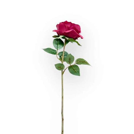 A single Rose Full Bloom Dark Pink Artificial Flower with lush petals and green leaves, displaying its detailed craftsmanship and vibrant colours.