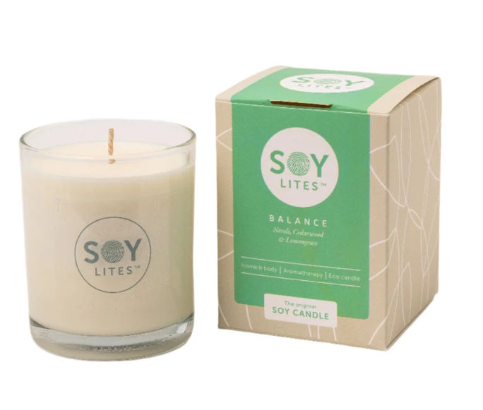 Soy Lites candle and packaging on a white background