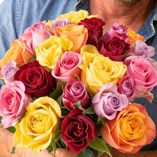 Shades of Yay rose bouquet close-up—yellow, orange, pink and lilac roses in kraft wrap | Flower Guy