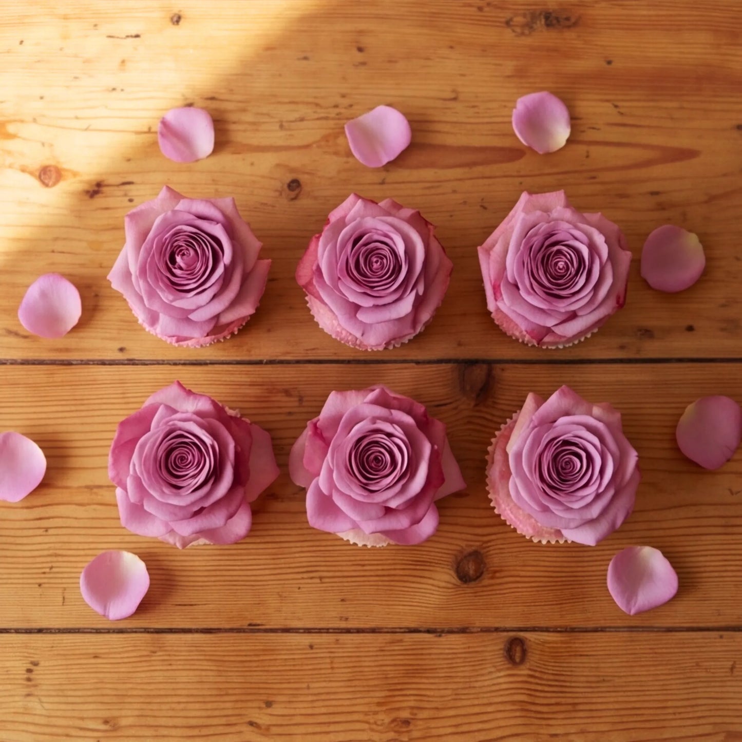 Overhead flat lay of six Flower Guy vanilla cupcakes in two rows of three, each topped with a perfectly bloomed lavender-pink rose, scattered petals on the wood grain