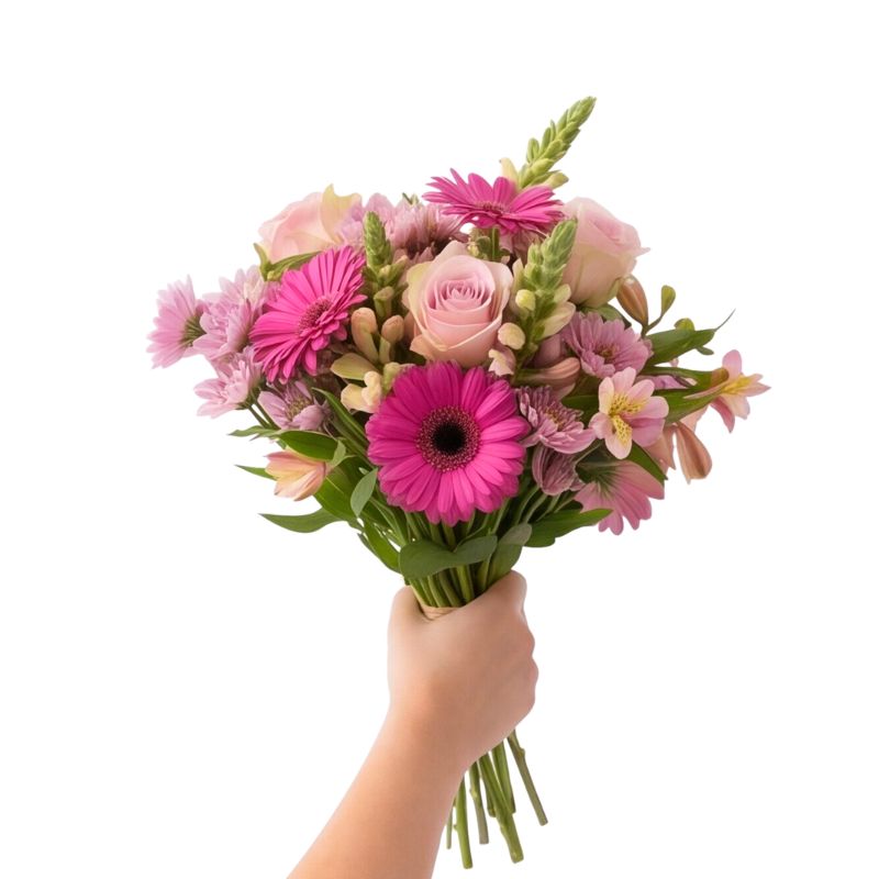 The Soft Touch pink bouquet held by a florist, long green stems, natural raffia tie, pink roses and gerberas ready for delivery.