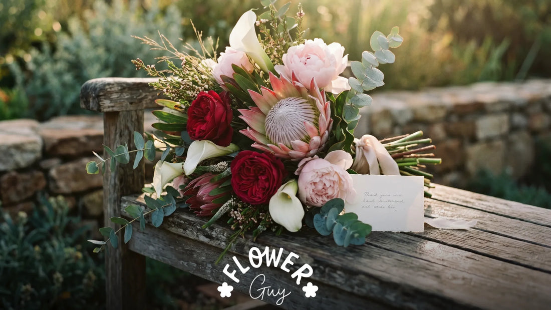 Dawn-lit bouquet of red roses, peonies, calla lilies, king protea and eucalyptus on a wooden garden bench, with a blank notecard
