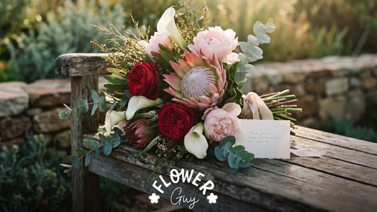 Dawn-lit bouquet of red roses, peonies, calla lilies, king protea and eucalyptus on a wooden garden bench, with a blank notecard