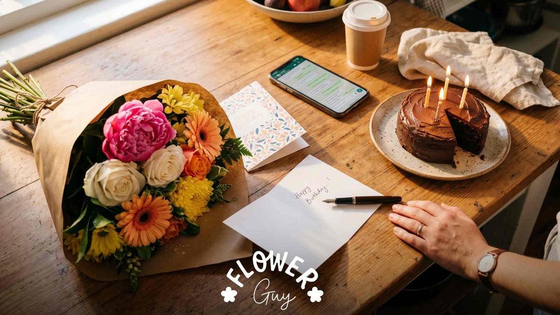 00+ happy birthday messages 2026 with handwritten birthday card pen bouquet of birthday flowers and birthday cake by Flower Guy