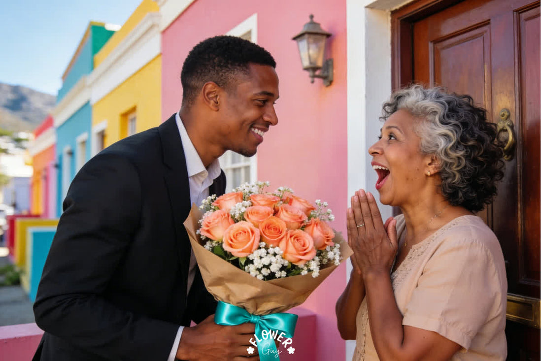Coloured South African son in a suit surprising his delighted mother with a bouquet of peach roses wrapped in kraft paper with a teal ribbon outside a colourful Bo-Kaap house in Cape Town