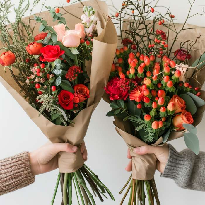 Two hands holding beautifully wrapped bouquets of red and pink flowers, perfect for 'Romantic Flowers for Her'.