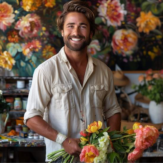 Artist in his painting studio holding fresh flowers, wall art and decor in background - Flower Guy