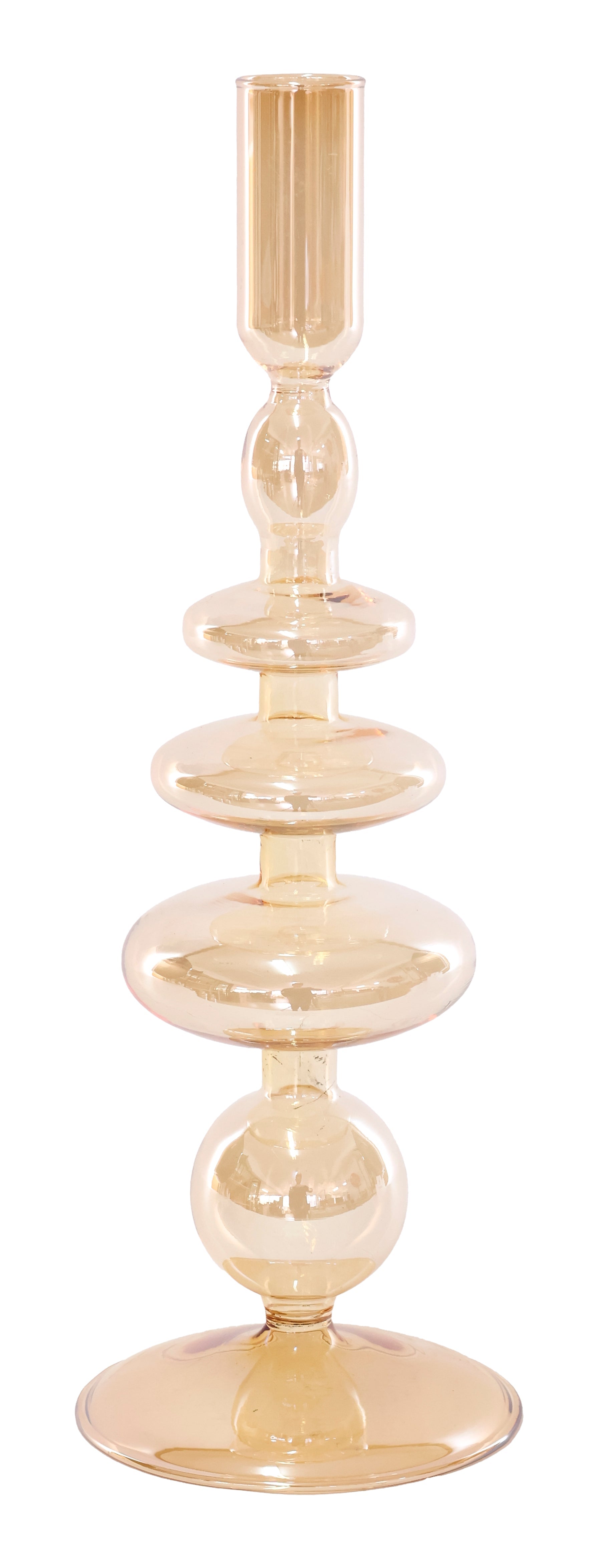 Decorative candle holder with a gold finish on a white background