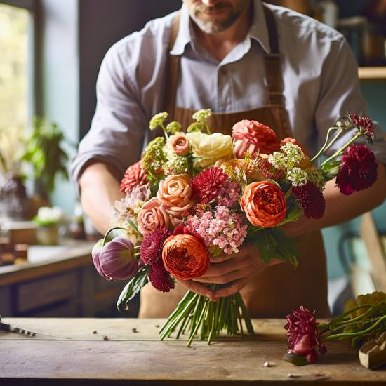 A male florists hands creating and arranging a flower bouquet with vibrant colourful flowers - Flower Guy