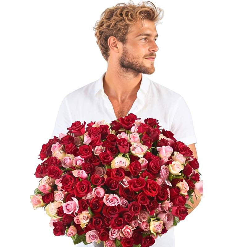 Big Feelings roses close-up—large red and pink rose bouquet, hand-tied | Flower Guy