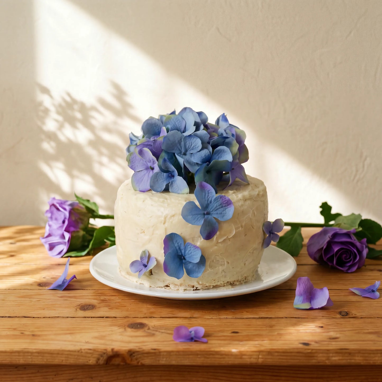 Blue Blossom Harmony Madeira Cake with blue and purple hydrangea crown and paired purple roses by Flower Guy