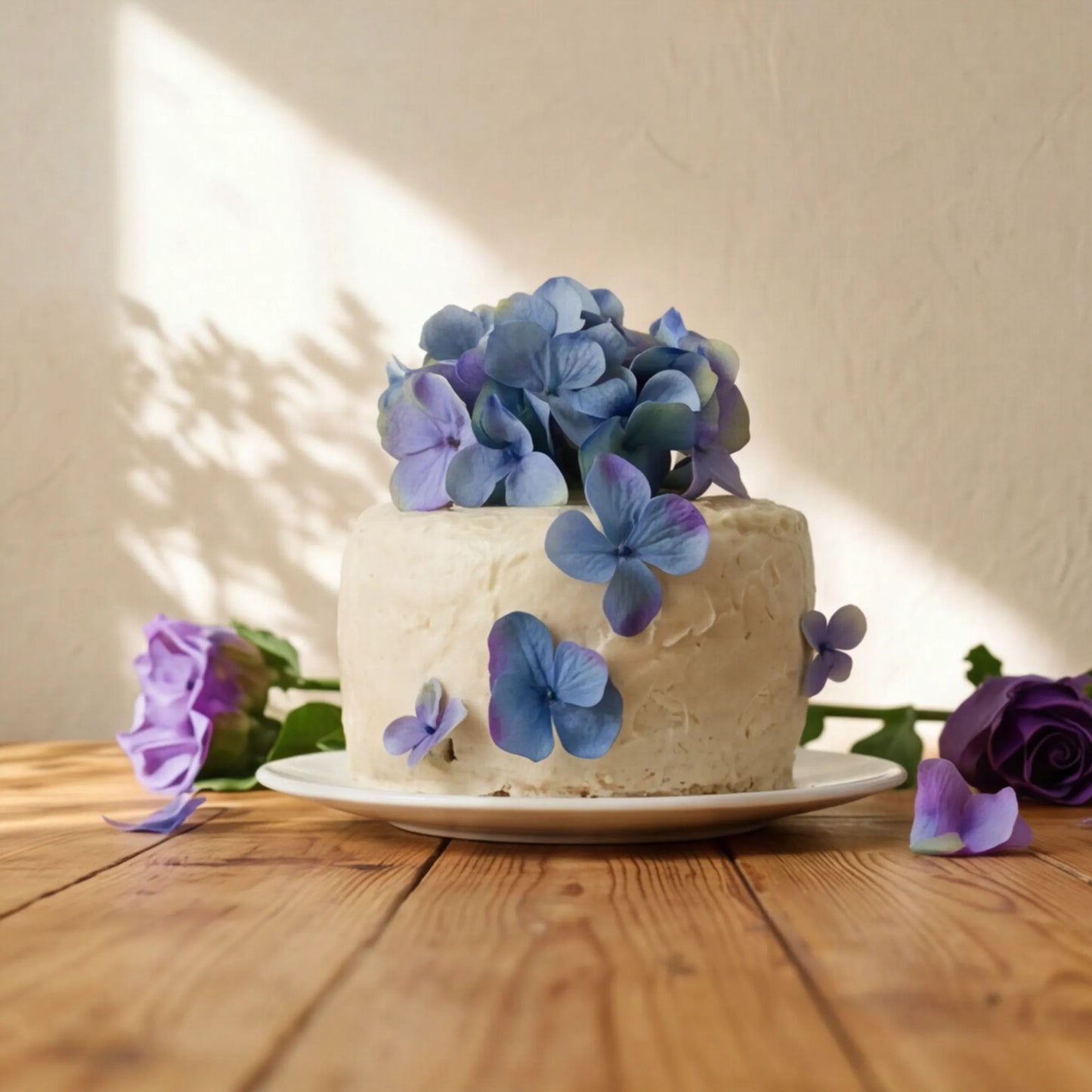 Blue Blossom Harmony Madeira Cake with hydrangea crown styled with purple roses by Flower Guy Cape Town