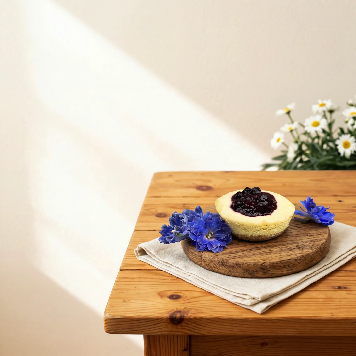 Blueberry Cheesecake on a serving board with blue delphinium and white daisies by Flower Guy