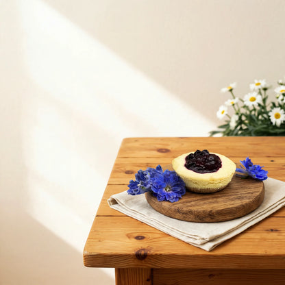 Blueberry Cheesecake on a serving board with blue delphinium and white daisies by Flower Guy