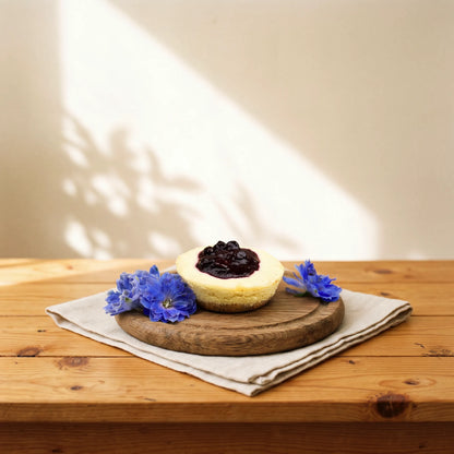 Front view of Blueberry Cheesecake with blueberry compote crown and blue delphinium florals by Flower Guy