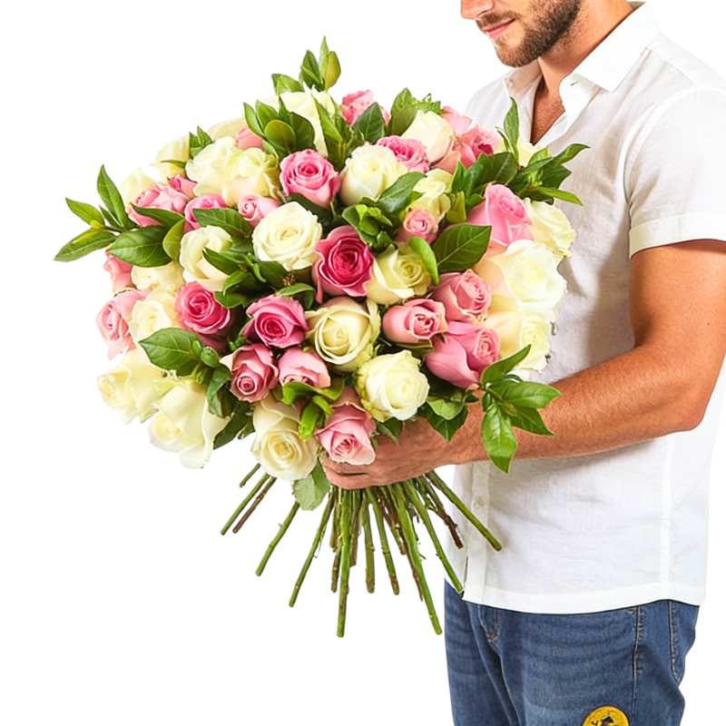 Blush Rush roses delivered—person holding an oversized blush-toned rose bouquet with greenery | Flower Guy