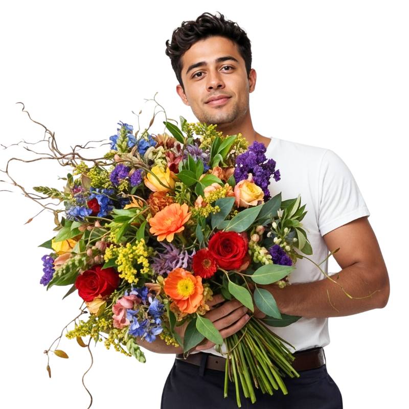 Brilliantly Happy Bouquet—model holding mixed bouquet with orange/red roses, purple statice and greenery | Flower Guy