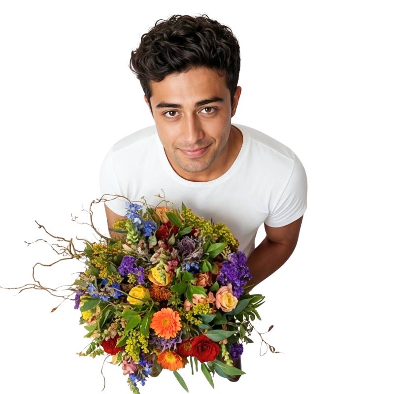 Brilliantly Happy Bouquet close-up—colourful mixed blooms with orange/red roses, purple statice and snapdragons | Flower Guy