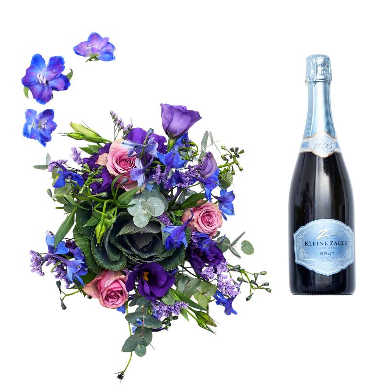 Bubbles and Pink gift set—pink floral arrangement with greenery beside a sparkling wine bottle, styled for celebration | Flower Guy