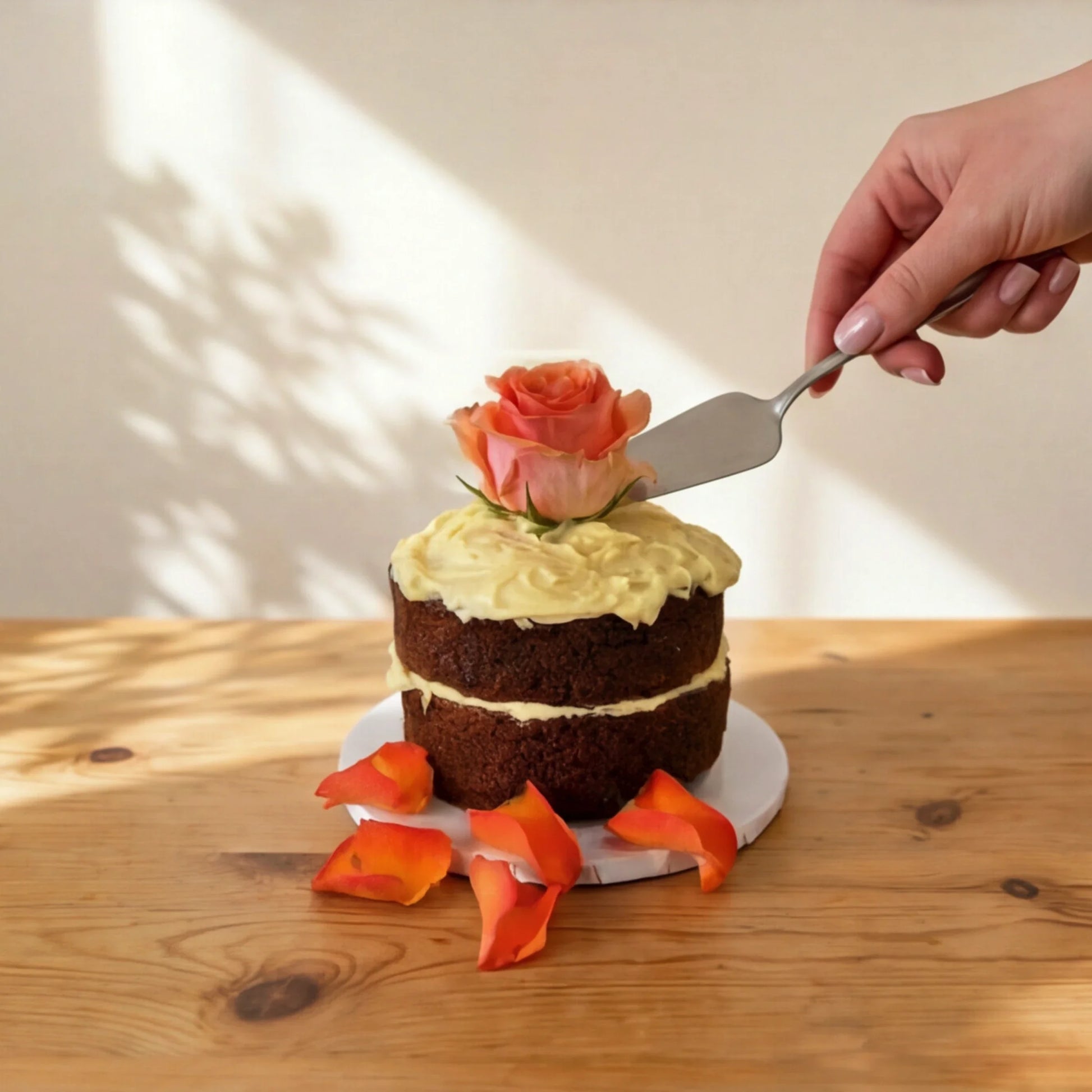 A hand setting the fresh rose on top of Carrot Cake in Bloom, a carrot cake with cream cheese frosting