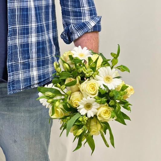 Close-up of white roses in Celestial Charm Flower Bouquet - Flower Guy