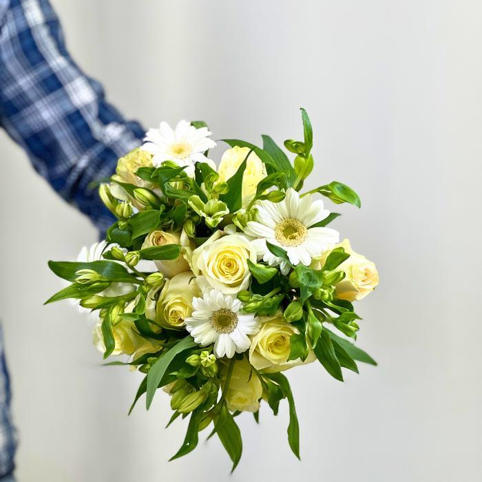 White mini gerberas, roses and alstroemeria featured in Celestial Charm Flower Bouquet - Flower Guy