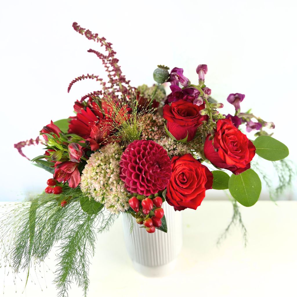 Bright and cheerful Cherry Blossom flower gift with roses, dahlias and snapdragons | Flower Guy