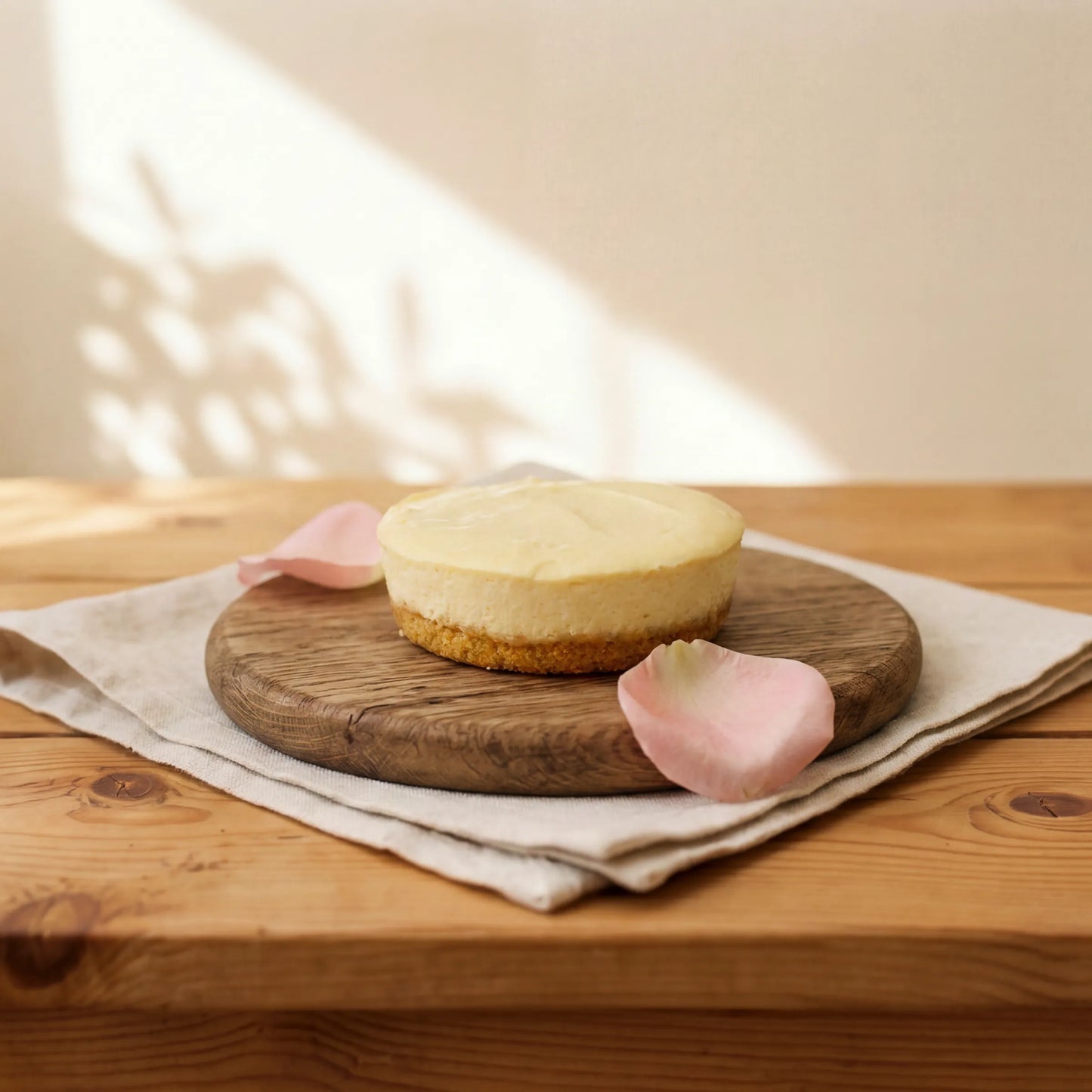 Lemon Cheesecake on oak board with pink rose petals and linen, by Flower Guy Cape Town