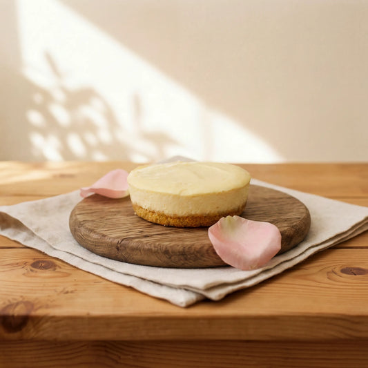 Lemon Cheesecake on oak board with pink rose petals and linen, by Flower Guy Cape Town