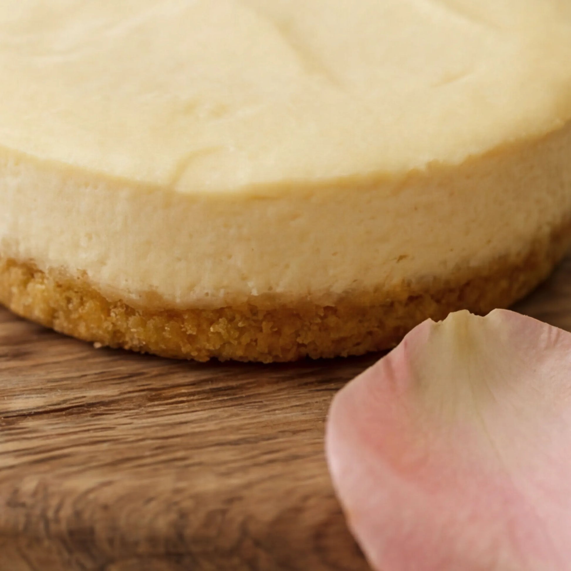 Close-up of golden digestive biscuit base and soft lemon filling, hand-made Lemon Cheesecake Cape Town