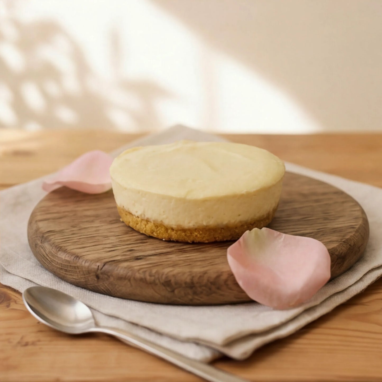 Lemon Cheesecake served with spoon, pink rose petals and linen napkin by Flower Guy Cape Town