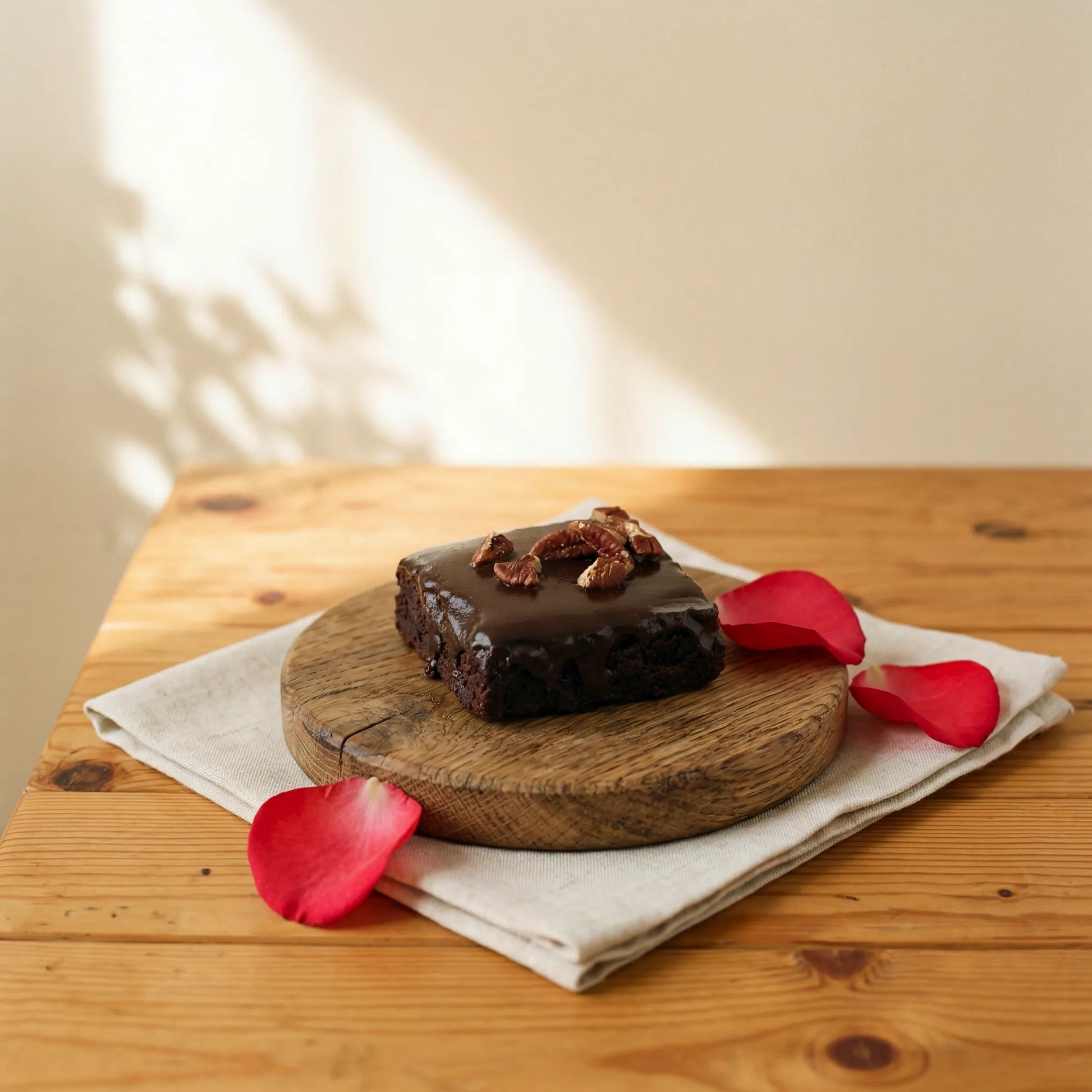 Chocolate Brownie with dark ganache glaze and pecans on oak board with red rose petals by Flower Guy Cape Town