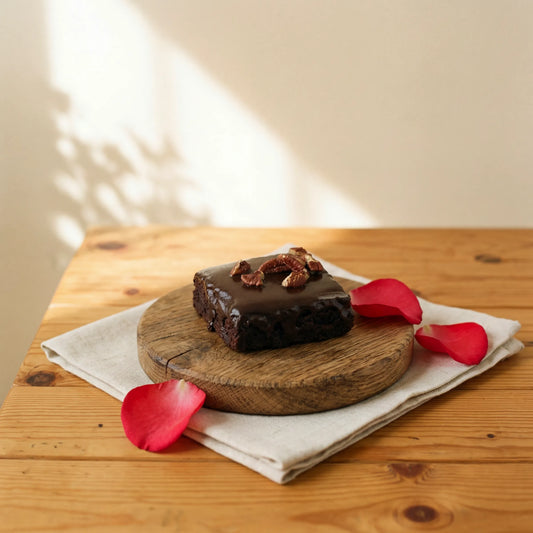 Chocolate Brownie with dark ganache glaze and pecans on oak board with red rose petals by Flower Guy Cape Town