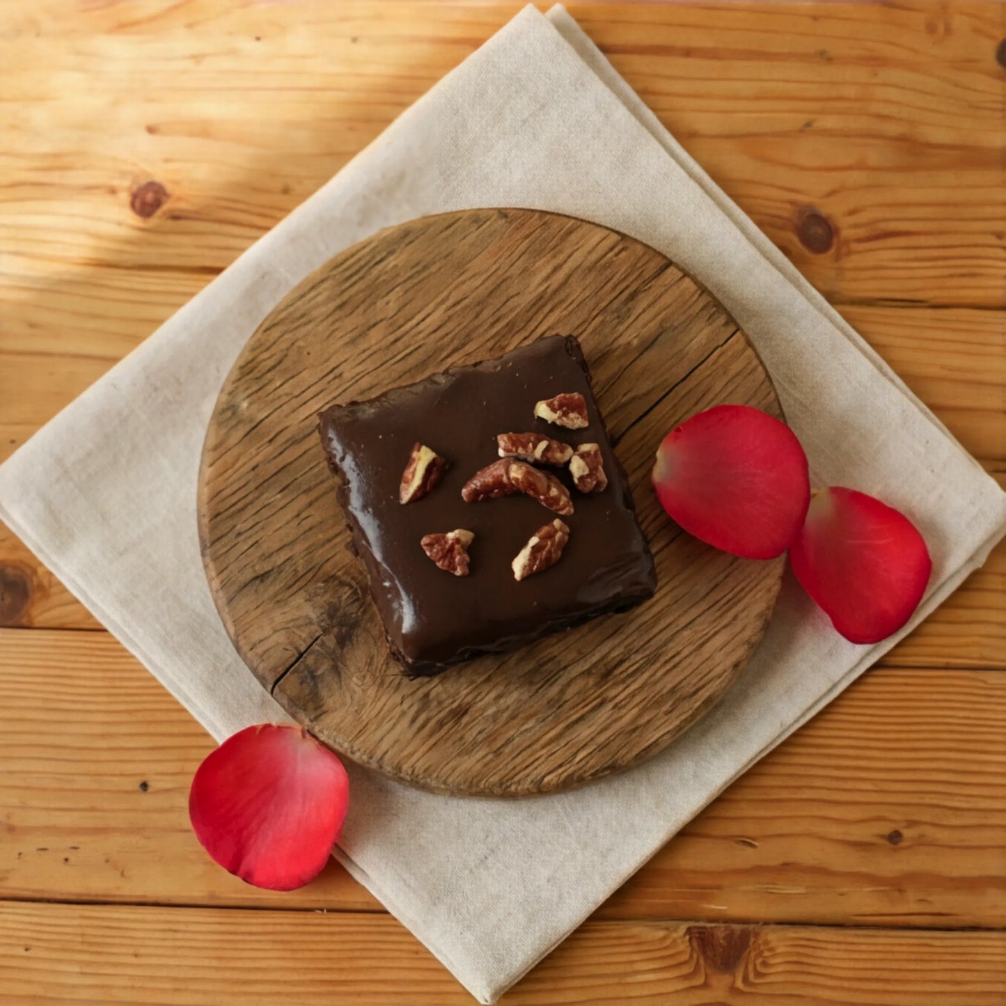 Top-down Chocolate Brownie with glossy chocolate glaze and roasted pecans, hand-made in Cape Town
