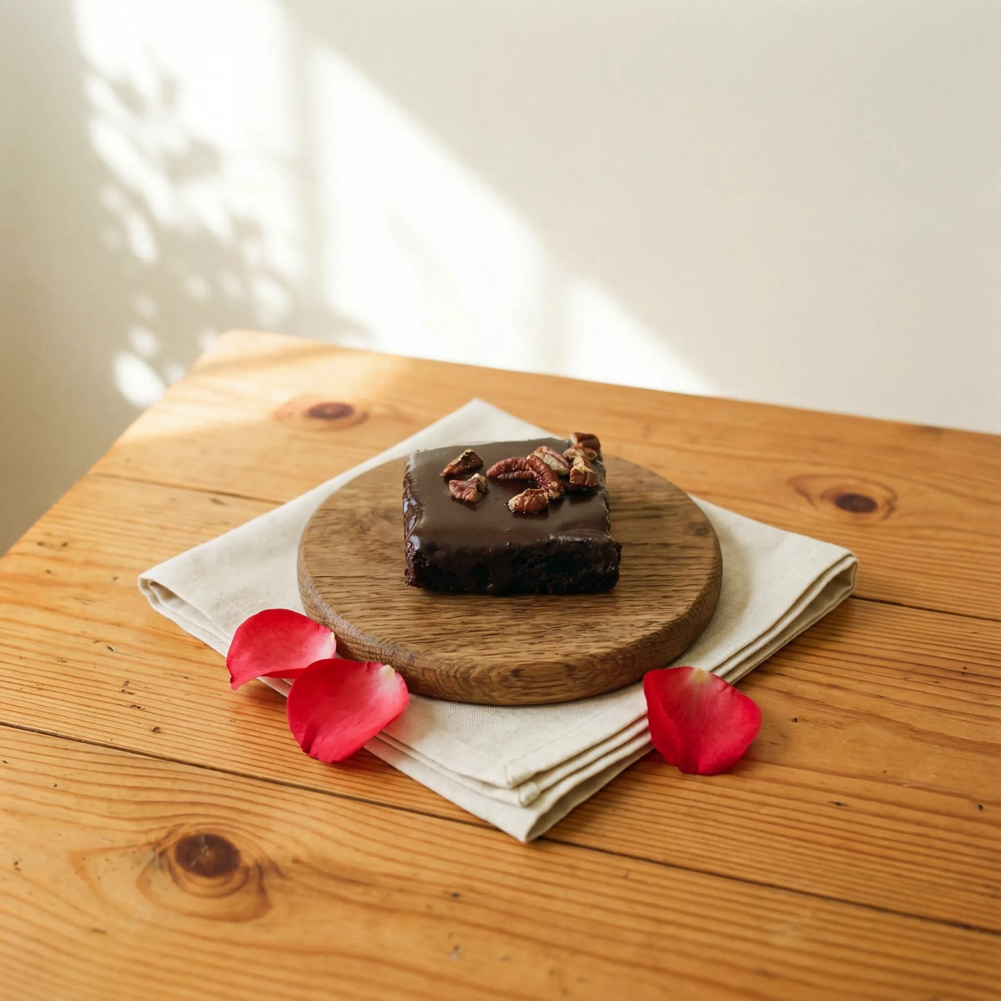 Chocolate Brownie on oak board with red rose petals and linen, by Flower Guy Cape Town