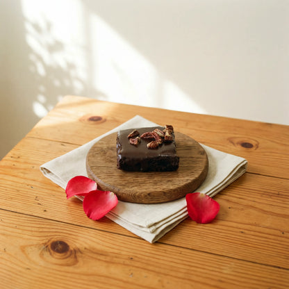 Chocolate Brownie on oak board with red rose petals and linen, by Flower Guy Cape Town